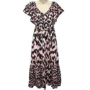 MariaCher Dabir Cotton Ruffle Trim V Neck Smocked Midi Dress Size S Pink Black